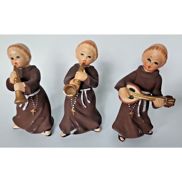 Vintage National Potteries Co 3 Musical Monks Friars Statues Japan 5" Tall PB177 - Picture 1 of 6